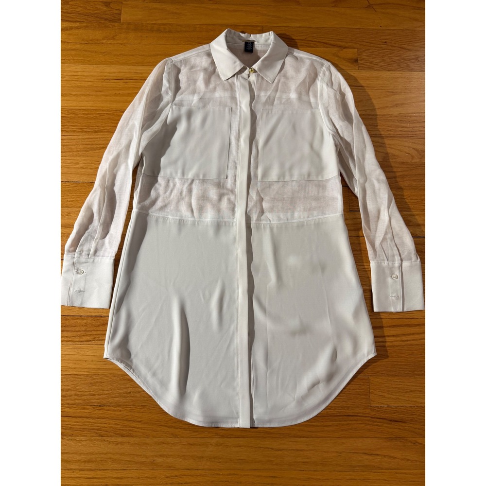 Chico's Black Label Light Tan Mixed Media Sheer Panel Tunic Blouse Size 00 XS